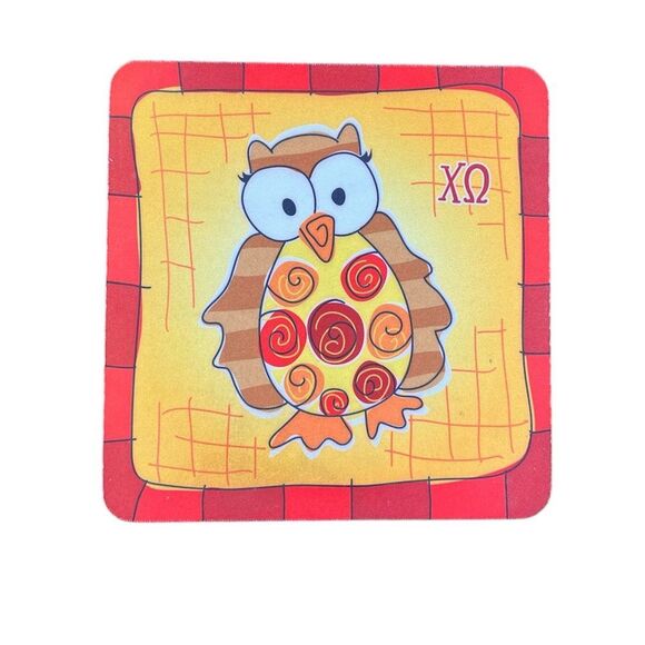 Vintage Chi Omega Sorority XΩ Owl Mascot Cardinal Red Straw Yellow Mousepad - Picture 1 of 4